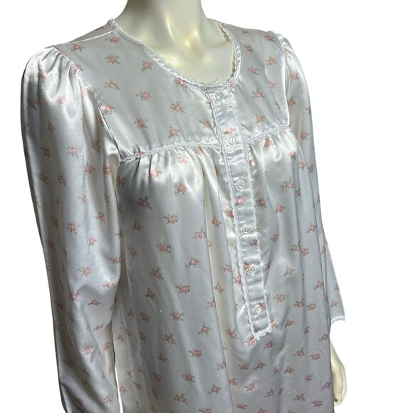 Vintage Satin Floral Nightgown, White with Pink Roses, Size Small - Picture 5 of 9